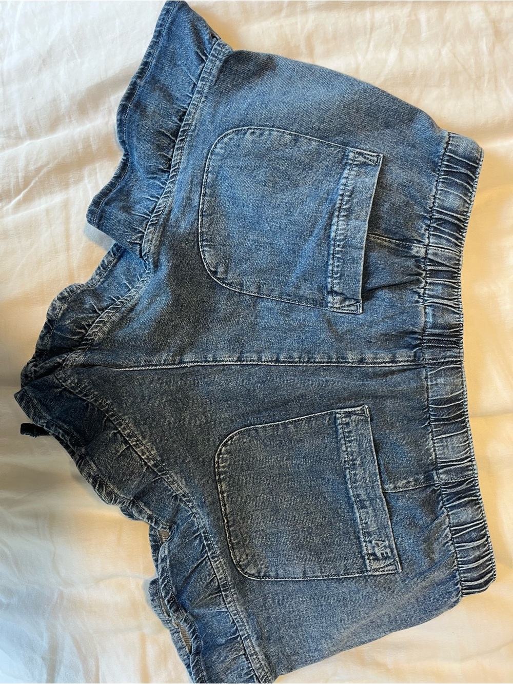 American Eagle Denim Ruffle-Hem Drawstring Shorts - Blue - Picture 3 of 5